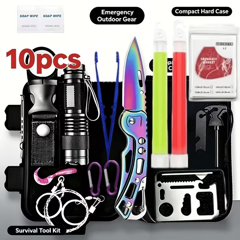 Fishing Equipment Essentials - 10種類の機能が備わったサバイバル用具セット。男性用タクティカルナイフセットとアウトドアツール。父の日ギフトに最適。お父さん、夫、彼氏へのプレゼントに。キャンプ、狩猟、釣り、サバイバル、ハイキング、冒険に欠かせないアイテム。